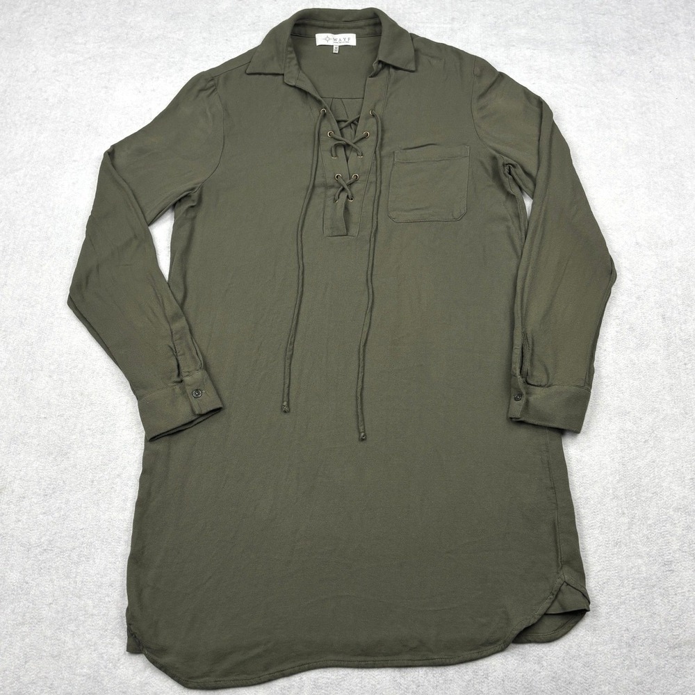 WAYF Shirt Dress Womens M Olive Green Lace Up Grommet Long Sleeve Mini Tunic